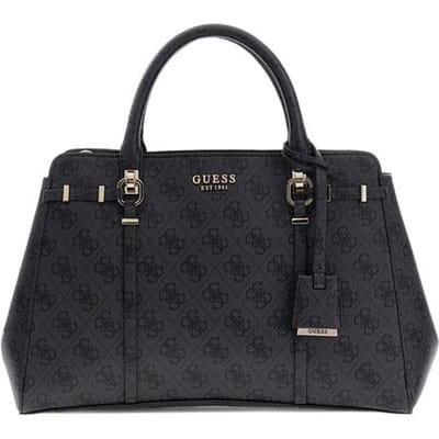 GUESS handtas schoudertas Leona Logo Multi Compartment Satchel Coal Logo donkergrijs