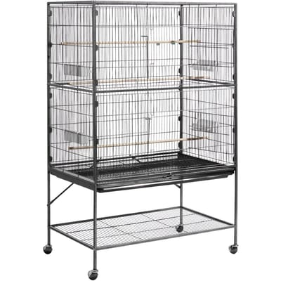 Cage à oiseaux, 930 x 580 x 1510 mm, Toit plat, Cage d'envol en fer forgé avec perchoirs, Bac coulissant et mangeoires en plastique, pour mésange bleue, calopsitte,