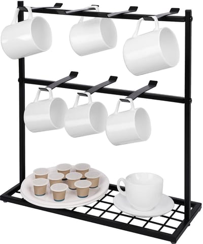 Unyqoos ® Multifunctionele Metalen Koffiekopjeshouder en Keukenorganizer met 14 Haken en Opbergbasis