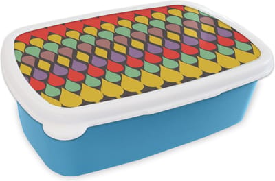 Broodtrommel Blauw - Lunchbox Vintage - Retro - Kleuren - Patronen - Brooddoos 18x12x6 cm - Brood lunch box - Broodtrommels voor kinderen en volwassenen