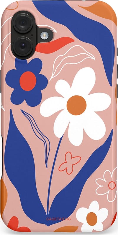 Casetastic hoesje geschikt voor Apple iPhone 16 Plus - MagSafe - Dubbellaagse bescherming - Eenvoud in bloei - Fashion Case - Perzik Donkerblauw Wit