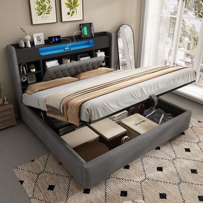 140x200 cm gestoffeerd bed met LED-verlichting - met USB/Type-C oplaadfunctie - met opbergruimte - grijs - zonder matras