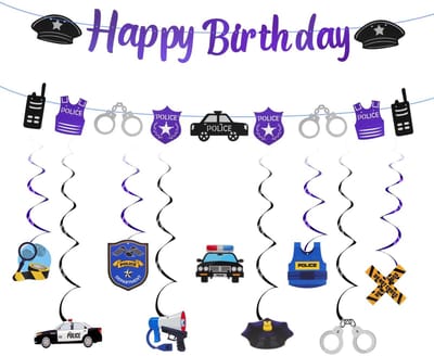 Dailygoods- Politiedecoratie - Verjaardagsslinger met Happy Birthday-banner - Politieauto - Plafondhanger - Hangende wervels - Papier 8,4 x 15 cm - Verjaardagsdecoratie