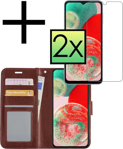 Hoesje - Met 2x Screenprotector - Geschikt voor Samsung Galaxy A23 - Luxe Pasjeshouder - Bookcase Portemonee - Flip Case - Kunstleer Book Case - Flipcase Hoes - Book Cover - Walletcase - Portemonneehoes - Bruin
