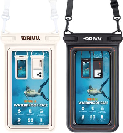 Drivv. Luxe Waterdicht Telefoonhoesje - Set van 2 – Drijvend - Dubbele Klipsluiting - Telefoons tot 6.8 inch – Onderwater Hoesje Telefoon - Zwart & Beige