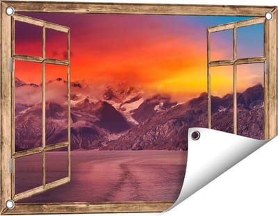 Gards Tuinposter Doorkijk Meer bij de Bergen bij Zonsondergang - 60x40 cm - Tuindoek - Tuindecoratie - Wanddecoratie buiten - Tuinschilderij
