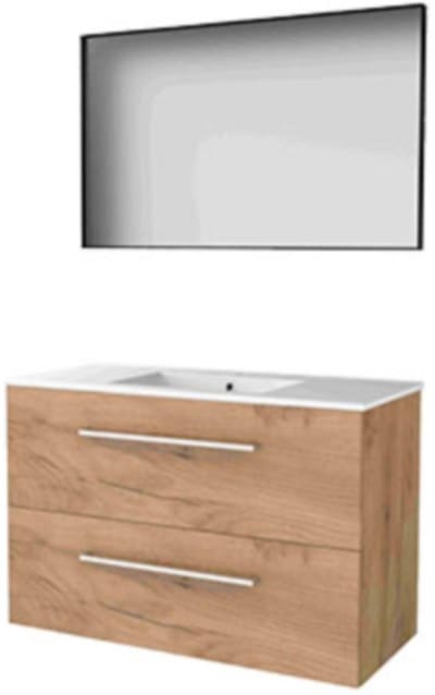 Basic-Line Framed 46 Badkamermeubelset - 100 x 46 cm - Met Grepen - 2 Lades - Keramische Wastafel - 1 Kraangat - Spiegel met Zwart Aluminium Frame - Whisky Oak