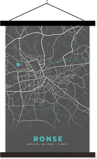 Posterhanger incl. Poster 40x60 cm - Schoolplaat - België – Ronse – Stadskaart – Kaart – Blauw – Plattegrond - Textielposter - Zwarte latten - Stadskaart