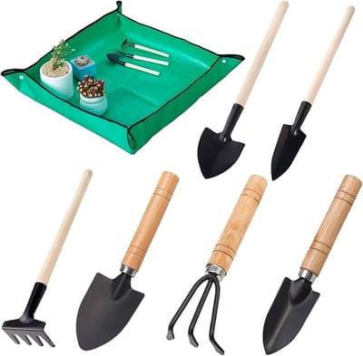 Set van 7 Mini Tuin Gereedschappen met Houten Handvatten - Ideaal voor Planten, Transplantatie en Aarden Losmaken
