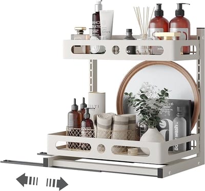 Famanu - Keuken Onder Gootsteen Organizer, 2-laags Keukenkast Organizer, Keukenplank, Onder Wastafel Rek, Schuifplank Organisator voor Keuken-/Badkamer Opslag, Hoogte Verstelbaar, Wit