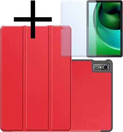 Hoes - Geschikt voor Lenovo Tab M10 5G - Met Screenprotector - Trifold Bookcase - Hard Cover - Hardcover Book Case - Tablet Hoesje - Rood