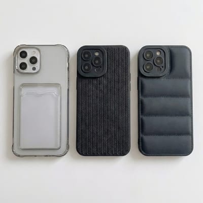 Grijs en zwart telefoon hoesje set met kaartvak en structuur design geschikt voor iPhone 12 Pro – backcover cases voor dames en heren met transparant hoesje, geribbelde textuur en gewatteerd uiterlijk