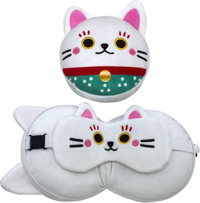 Relaxeazzz Relaxeazzz Reis set - Kat/Poes knuffel / reiskussen / slaapmasker - voor kinderen - in vliegtuig of auto