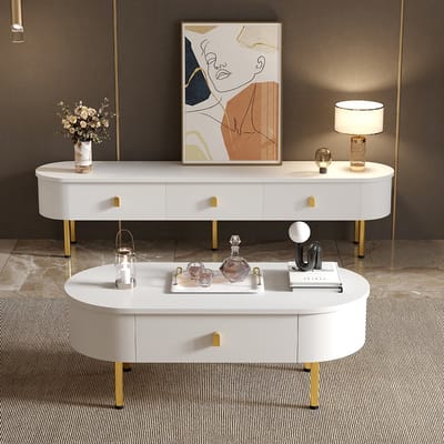 Pugsdrly Lichte en luxe combinatie van tv-meubel en salontafel, woonkamerset, met lades, afgeronde hoeken