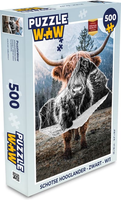 Puzzel Schotse hooglander - Zwart - Wit - Legpuzzel - Puzzel 500 stukjes