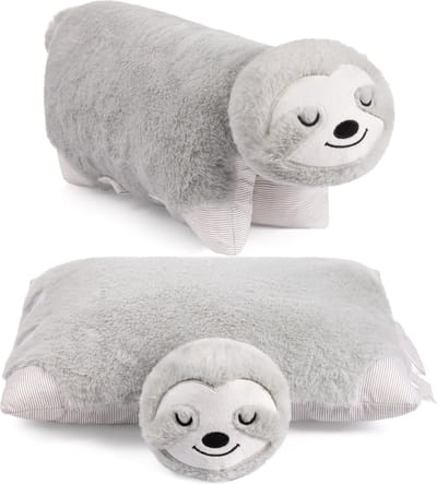BRUBAKER Knuffelkussen Luiaard - 2 in 1 Knuffeldier en Knuffelkussen - 40 x 30 cm Sierkussen - Opvouwbaar Pluche Kinderkussen met Klittenbandsluiting - Dierenkussen Luiaard Pluche Kussen - Grijs