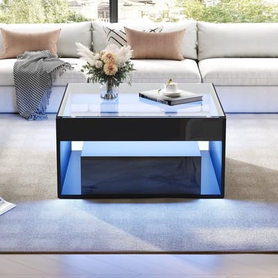 Salontafel - 70 x 70 x 35 cm - Met 2 Laden en LED - Gehard Glas - Hoogglans - Zwart