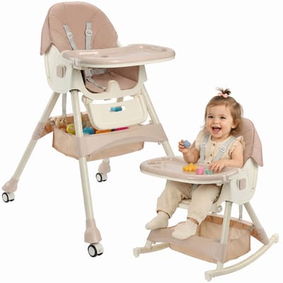 ComfyKidz® Inklapbare 4 in 1 Kinderstoel met Schommelfunctie - Met Voetensteun - Meegroeistoel met Opbergmand - 6 Maanden tot 5 Jaar - Peuterstoel - Baby Eetstoel met Wieltjes - Roze