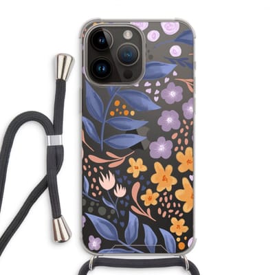 Case Company® - Hoesje met koord geschikt voor iPhone 14 Pro Max hoesje met Koord - Flowers with blue leaves - Telefoonhoesje met Zwart Koord - Bescherming aan alle Kanten en Over de Schermrand
