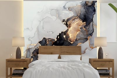 Behang - Fotobehang Zwart - Marmer - Luxe - Goud - Breedte 280 cm x hoogte 280 cm