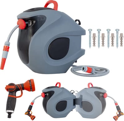 Pugsdrly 30 m automatische slanghaspel met 9-standen sproeikop, wandbevestiging, verstelbare terugtrekvergrendeling & 180° zwenkbaarheid – UV- & vorstbestendige complete set voor de tuin, grijs/rood