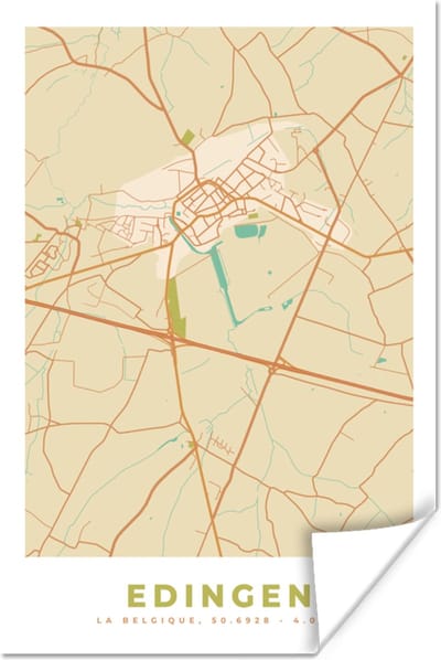 Poster Kaart - Vintage - Plattegrond - Stadskaart - Edingen - 120x180 cm XXL