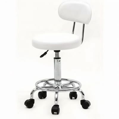 Professionele Salon Kruk Wit met Rugleuning – In Hoogte Verstelbare Werkkruk (48–58 cm) – 360° Draaibaar – PU Zitvlak met Wielen – Voor Beauty, Massage & Nagelstudio