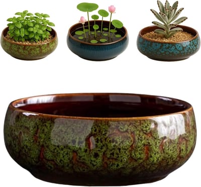 Glazuur keramische bloemenkom voor waterdecoratie, bonsai en vetplanten | Ondiepe decoratieve plantenkom voor binnen en buiten (Groen)