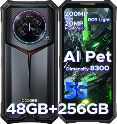 DOOGEE V50 5G - Robuuste Smartphone - 48GB RAM + 256GB ROM / 2TB TF - Android 16 - Dimensity 8300 - 11000mAh/66W - RGB sfeerlicht- 6.78 inch FHD+ &120HZ - 200MP + 32MP -NFC - Face ID - Gemini AI - WIFI6E - Vingerafdrukherkenning - GPS - Zwart