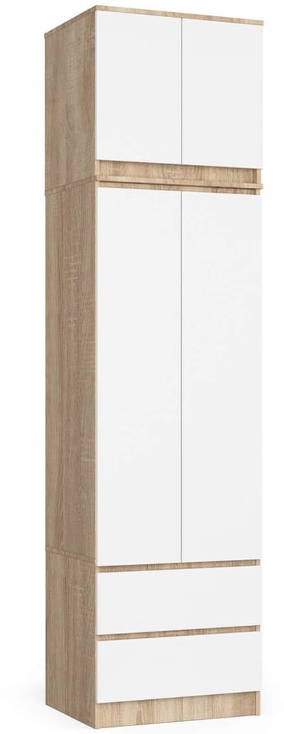 Kledingkast STAR S60 met Opzetstuk, 2 Deuren en 2 Lades / AKORD Furniture Factory / Sonoma Eik - Wit / 60 x 234 x 51 cm