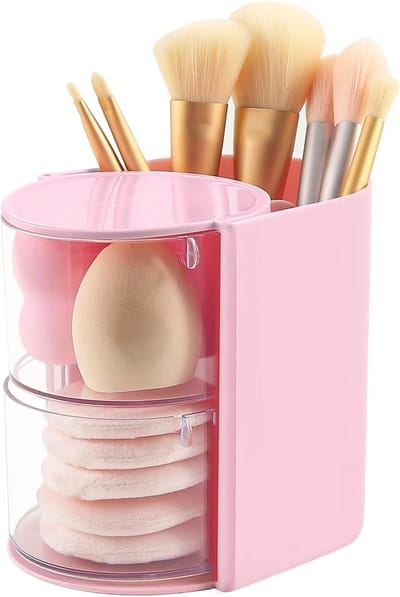 SnelShoppen - Makeup Kwasten Houder met Haaraccessoires Organizer, 2 Laags, Roterend, Voor Make-up Spons, Sieraden en Haar Clips, Roze, Ideaal voor Va