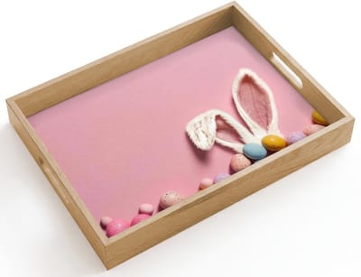 Dienblad hout 40x30 cm - Schootdienblad - Eieren - Pasen - Konijnoren - Roze - Borrelplank rechthoek - Plateau dienbladen