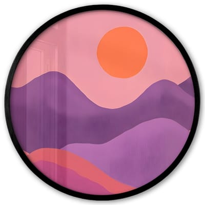 Poster in lijst Rond - Fotolijst 40x40 cm - Posters - Zon - Heuvels - Paars - Abstract - Ronde posterlijst zwart - Decoratie - Wanddecoratie woonkamer - Muurdecoratie slaapkamer