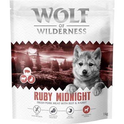 1kg Wolf of Wilderness Junior Ruby Midnight Rund & Konijn graanvrij droogvoer voor honden