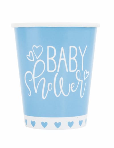 UNIQUE - 8 blauw-witte baby shower kartonnen bekers 266 ml met kleine hartjes