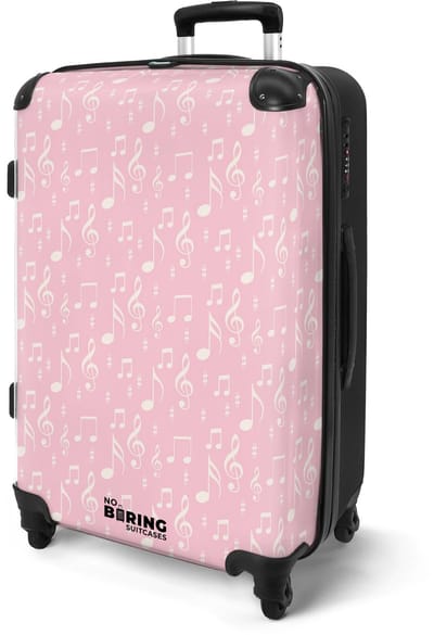 NoBoringSuitcases.com® - Koffer groot - Rolkoffer lichtgewicht - Roze met muzieknoten - Reiskoffer met 4 wielen - Valies grote trolley XL op wieltjes - Harde reistrolley met TSA slot - 20 kg bagage - Reizen