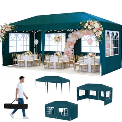Froadp Donkergroen 3x6m Opvouwbare Paviljoen Waterdicht Stabil – Opvouwbare Feesttent met 6 Zijwanden & Anti-UV Bescherming, Tuinpaviljoen voor Bruiloften, Vrije Tijd & Tuinfeest