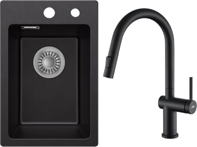 CECIPA max Spoelbak voor keuken 30x45cm - Granieten Spoelbakken Met Keukenkraan Met Uittrekbare Uitloop - Enkele spoelbak Zwart - Wasbak met waterafvoersysteem