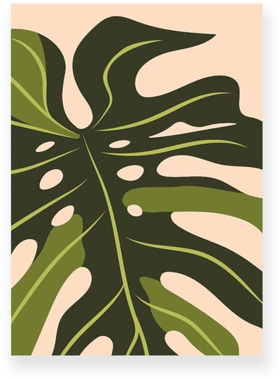 Poster 20x30 cm - Monstera Bladeren - Planten - Groen - Perzikkleur - Minimalistisch - Botanisch - Muurdecoratie - Wanddecoratie