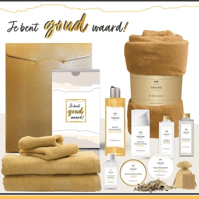 Geschenkset “Je Bent Goud Waard!” - 13 producten - 2000 gram | Triomf Original Geel - Giftset voor haar Cadeau Valentijnsdag Luxe wellness cadeaubox Vrouw Ik hou van jou Cadeaupakket Kerst Geschenk Moeder Verjaardag Gift Set Valentijn Vriendin Geel
