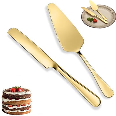2 stuks - Bruidstaartmessenset - Gebakmes - Reservebakje voor taart en pizza - Taartmes en reservebakje - Taartsnijder - Messen- en reservebakjeset voor bruiloften, verjaardagen, feesten en jubilea - Goud