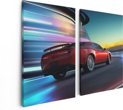 Artaza Canvas Schilderij Tweeluik Rode Sportwagen Auto In De Stad - 80x60 - Foto Op Canvas - Canvas Print