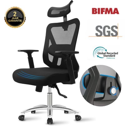 Durrafy Ergonomische Bureaustoel voor Volwassenen – met Verstelbare Hoofdsteun 4D-Lendensteun en 3D-Armleuningen – 90°–135° Kantelfunctie – Office Chair en Computerstoel – Tot 200 kg – Zwart