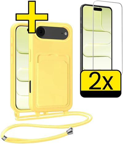 Hoesje Geschikt voor iPhone Air Telefoonhoesje Met Koord Case Pashouder Met 2x Screenprotector Siliconen - Hoes Geschikt voor iPhone Air Hoesje Met Kaarthouder - Geel