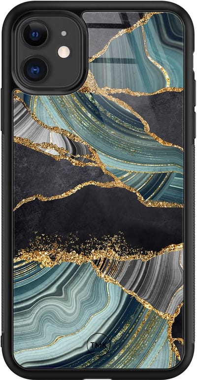 Hoesje geschikt voor Apple iPhone 11 - Marble jade stone - Multi - TPU luxe case (glossy toplaag) - Marmer - Hardcase backcover zwart