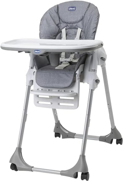 Eetstoel voor Baby's en Peuters - Verstelbare Hoogte en Rugleuning - Inklapbaar met Wielen - Grey Melange