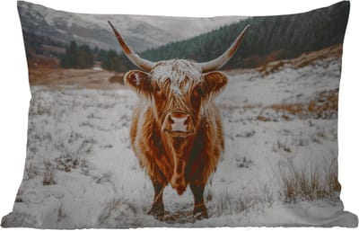 Buitenkussens - Tuin - Schotse Hooglander - Landschap - Sneeuw - Bergen - Winter - 50x30 cm