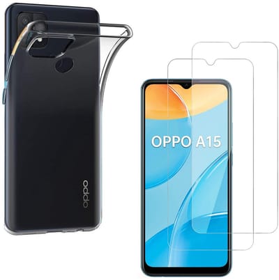 Hoesje Ultraslank geschikt voor Oppo a15 backcover siliconen Transparant en 2 stuks ScreenProtector Gehard Glas