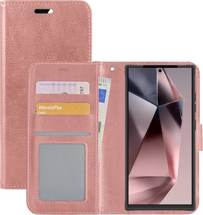 Hoesje - Met Pasjeshouder - Geschikt voor Samsung Galaxy S24 Ultra - Luxe Bookcase Portemonee - Flip Case - Kunstleer Book Case - Flipcase - Book Cover - Walletcase - Portemonneehoes - Rosé goud