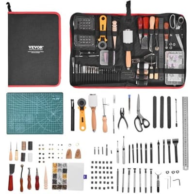 VEVOR 61-delige set met leerbewerkingsgereedschap, met draagbare opbergtas van canvas, grafisch gereedschap, stansgereedschap, naaigereedschap, snijgereedschap, ideaal voor beginners en professionals.
